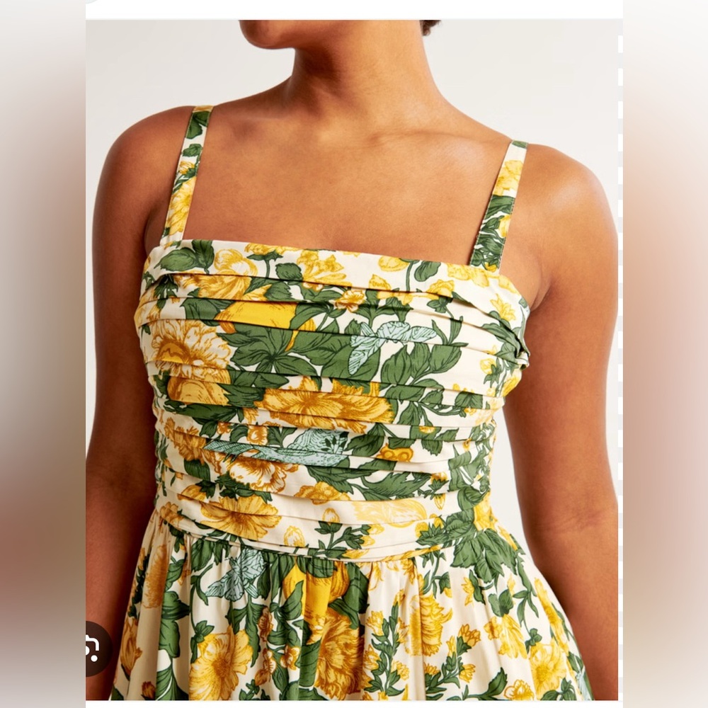 Abercrombie & Fitch Yellow Floral Midi Dress with Green Leaves - Picture 2 of 3